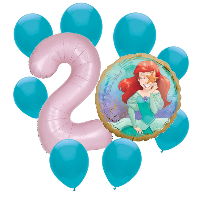 Ariel Little Mermaid 2nd birthday set main: number 2 foil, themed foil and 8 matching latex balloons