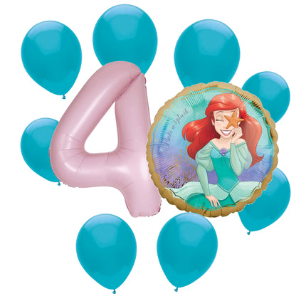Ariel Little Mermaid 4th birthday set main: number 4 foil, themed foil and 8 matching latex balloons
