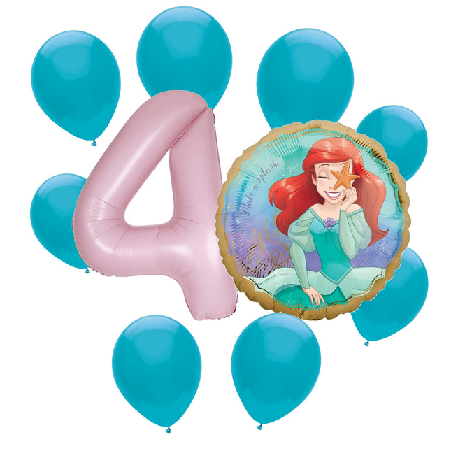 Ariel Little Mermaid 4th birthday set main: number 4 foil, themed foil and 8 matching latex balloons