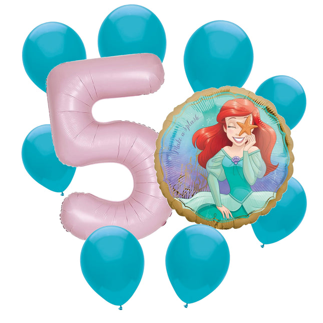 Ariel Little Mermaid 5th birthday set main: number 5 foil, themed foil and 8 matching latex balloons