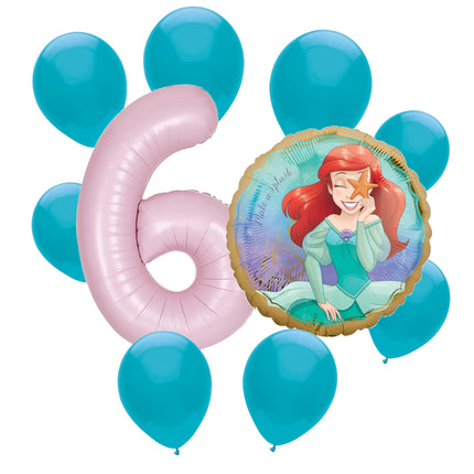Ariel Little Mermaid 6th birthday set main: number 6 foil, themed foil and 8 matching latex balloons