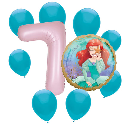 Ariel Little Mermaid 7th birthday set main: number 7 foil, themed foil and 8 matching latex balloons