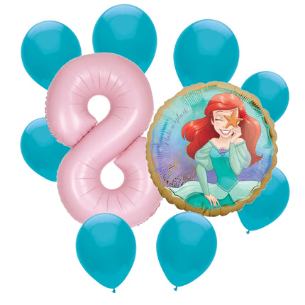 Ariel Little Mermaid 8th birthday set main: number 8 foil, themed foil and 8 matching latex balloons