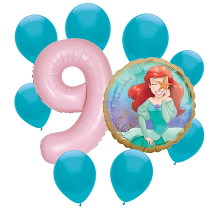 Ariel Little Mermaid 9th birthday set main: number 9 foil, themed foil and 8 matching latex balloons