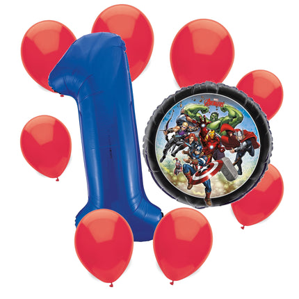 Avengers 1st birthday set main: number 1 foil, themed foil and 8 matching latex balloons