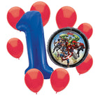 Avengers 1st birthday set main: number 1 foil, themed foil and 8 matching latex balloons