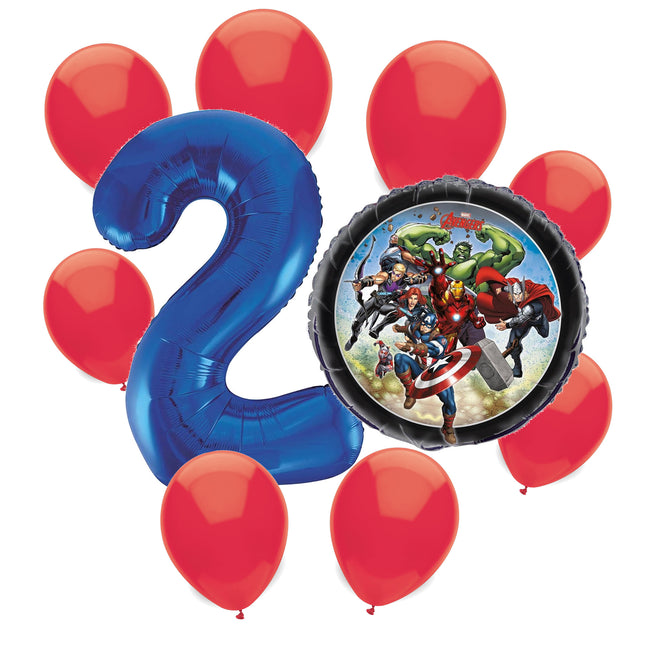 Avengers 2nd birthday set main: number 2 foil, themed foil and 8 matching latex balloons