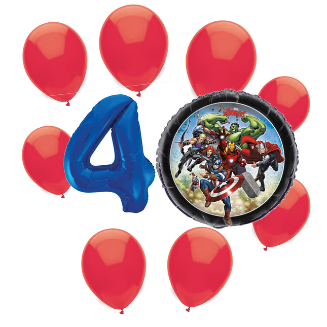 Avengers 4th birthday set main: number 4 foil, themed foil and 8 matching latex balloons