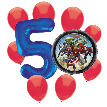 Avengers 5th birthday set main: number 5 foil, themed foil and 8 matching latex balloons