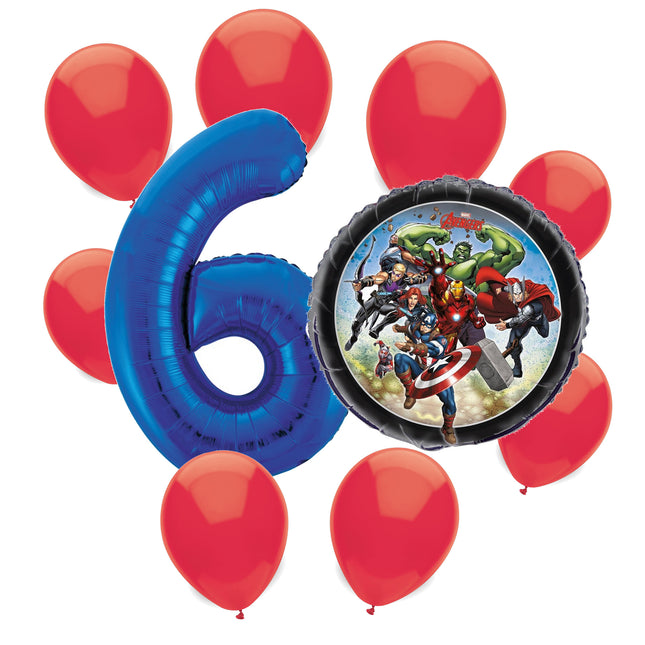 Avengers 6th birthday set main: number 6 foil, themed foil and 8 matching latex balloons