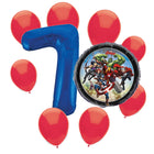 Avengers 7th birthday set main: number 7 foil, themed foil and 8 matching latex balloons
