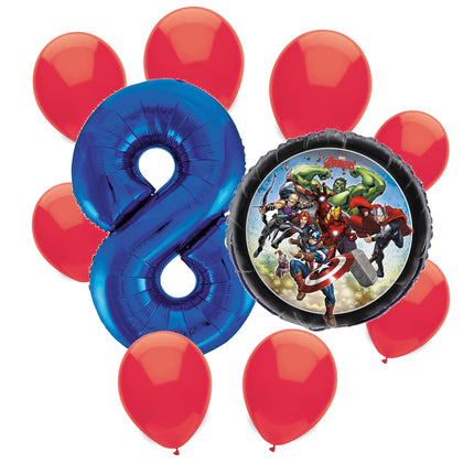 Avengers 8th birthday set main: number 8 foil, themed foil and 8 matching latex balloons