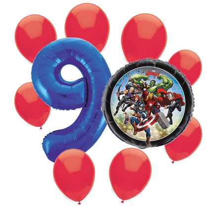 Avengers 9th birthday set main: number 9 foil, themed foil and 8 matching latex balloons
