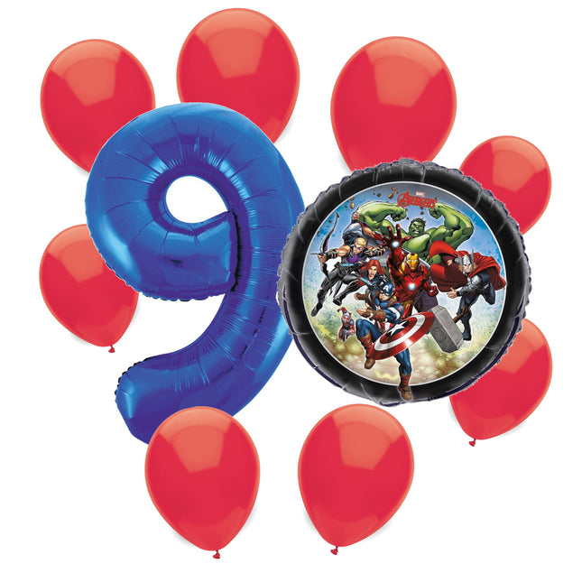 Avengers 9th birthday set main: number 9 foil, themed foil and 8 matching latex balloons