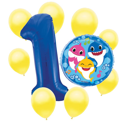 Baby Shark 1st birthday set main: number 1 foil, themed foil and 8 matching latex balloons