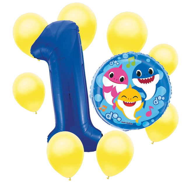Baby Shark 1st birthday set main: number 1 foil, themed foil and 8 matching latex balloons