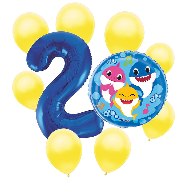 Baby Shark 2nd birthday set main: number 2 foil, themed foil and 8 matching latex balloons