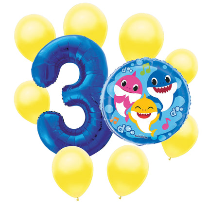 Baby Shark 3rd birthday set main: number 3 foil, themed foil and 8 matching latex balloons