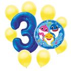 Baby Shark 3rd birthday set main: number 3 foil, themed foil and 8 matching latex balloons