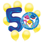 Baby Shark 5th birthday set main: number 5 foil, themed foil and 8 matching latex balloons