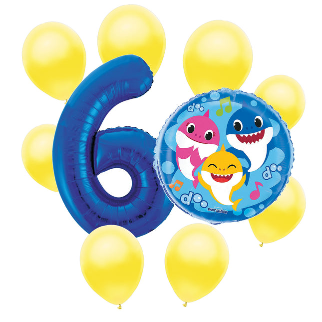 Baby Shark 6th birthday set main: number 6 foil, themed foil and 8 matching latex balloons