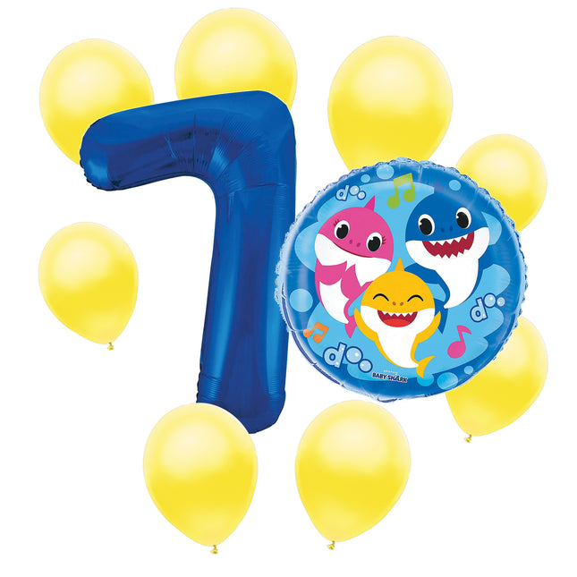 Baby Shark 7th birthday set main: number 7 foil, themed foil and 8 matching latex balloons