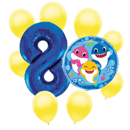 Baby Shark 8th birthday set main: number 8 foil, themed foil and 8 matching latex balloons