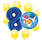 Baby Shark 8th birthday set main: number 8 foil, themed foil and 8 matching latex balloons