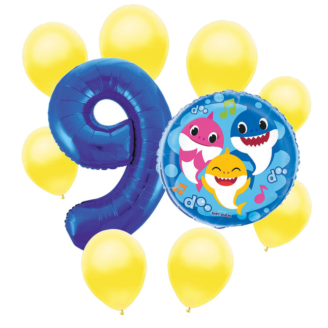 Baby Shark 9th birthday set main: number 9 foil, themed foil and 8 matching latex balloons