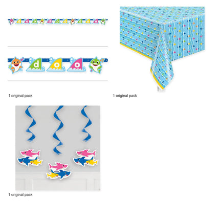 Baby Shark Birthday Banner, Tablecloth and 3 Hanging Swirls Set - original package contents