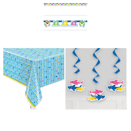 Baby Shark Birthday Banner, Tablecloth and 3 Hanging Swirls Set - coordinated party set