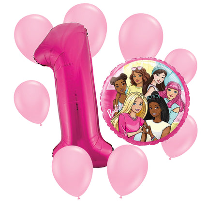 Barbie 1st birthday set main: number 1 foil, themed foil and 8 matching latex balloons