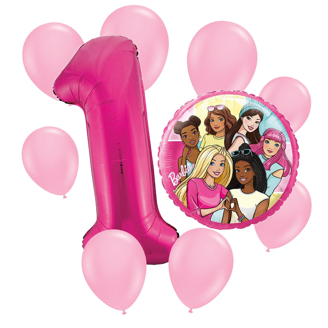 Barbie 1st birthday set main: number 1 foil, themed foil and 8 matching latex balloons