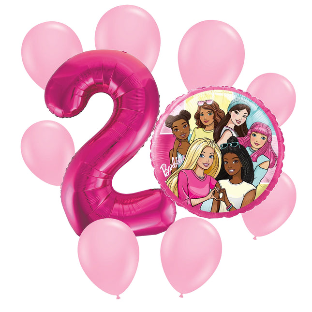 Barbie 2nd birthday set main: number 2 foil, themed foil and 8 matching latex balloons
