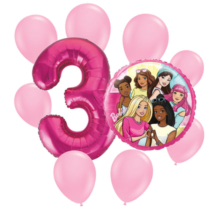 Barbie 3rd birthday set main: number 3 foil, themed foil and 8 matching latex balloons