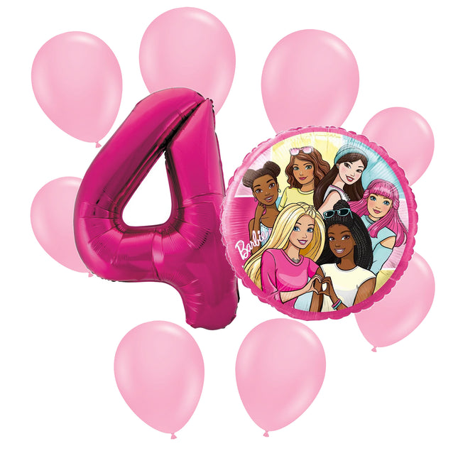 Barbie 4th birthday set main: number 4 foil, themed foil and 8 matching latex balloons