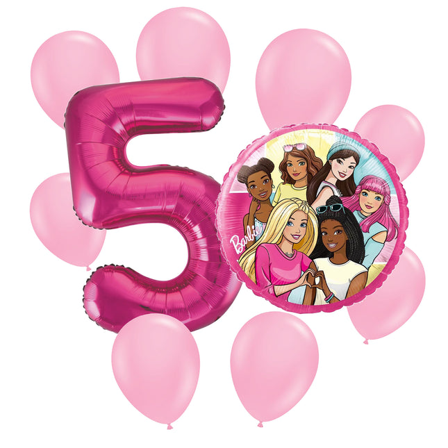 Barbie 5th birthday set main: number 5 foil, themed foil and 8 matching latex balloons