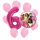 Barbie 6th birthday set main: number 6 foil, themed foil and 8 matching latex balloons