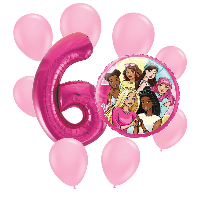 Barbie 6th birthday set main: number 6 foil, themed foil and 8 matching latex balloons