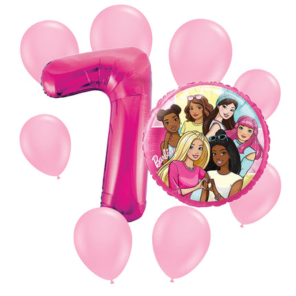 Barbie 7th birthday set main: number 7 foil, themed foil and 8 matching latex balloons