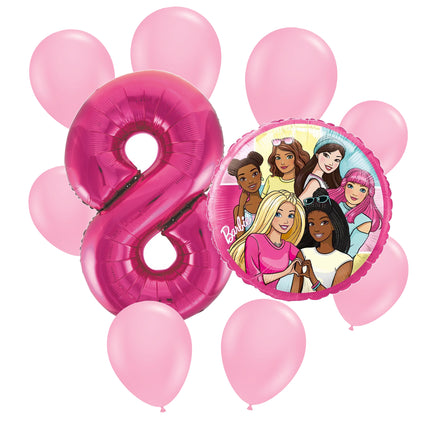 Barbie 8th birthday set main: number 8 foil, themed foil and 8 matching latex balloons