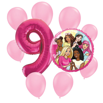 Barbie 9th birthday set main: number 9 foil, themed foil and 8 matching latex balloons