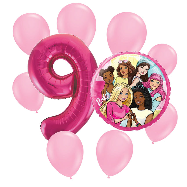Barbie 9th birthday set main: number 9 foil, themed foil and 8 matching latex balloons