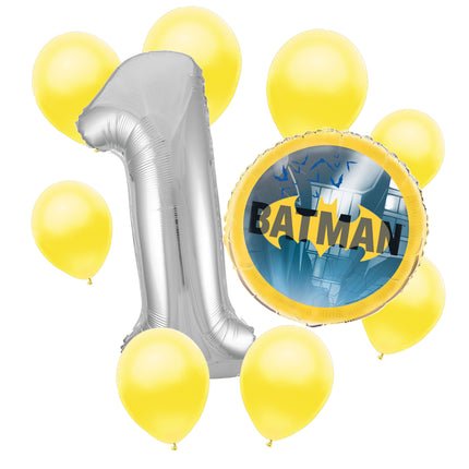 Batman 1st birthday set main: number 1 foil, themed foil and 8 matching latex balloons
