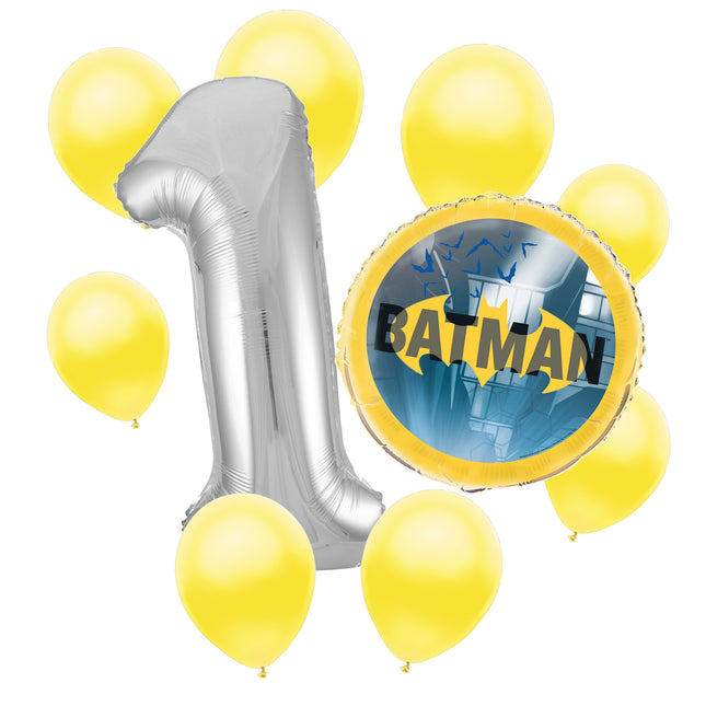 Batman 1st birthday set main: number 1 foil, themed foil and 8 matching latex balloons
