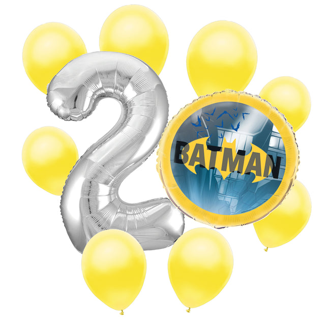 Batman 2nd birthday set main: number 2 foil, themed foil and 8 matching latex balloons