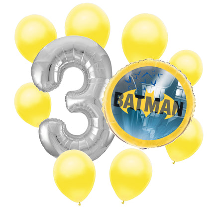 Batman 3rd birthday set main: number 3 foil, themed foil and 8 matching latex balloons
