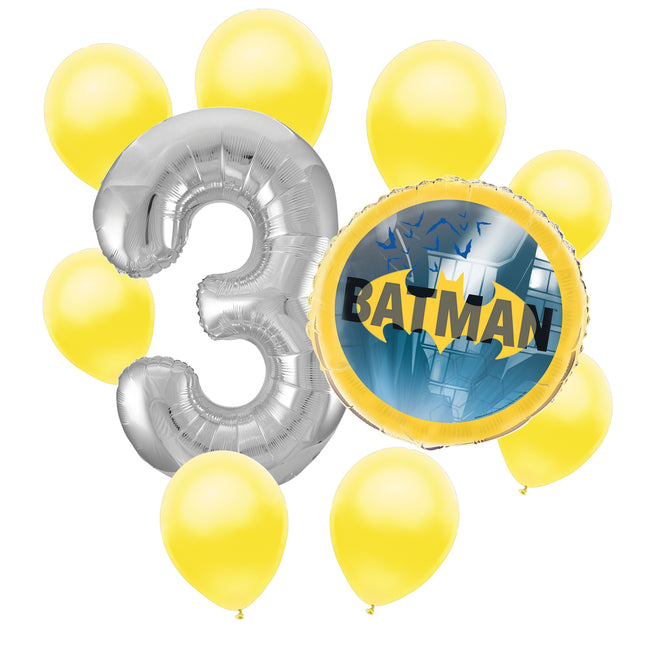 Batman 3rd birthday set main: number 3 foil, themed foil and 8 matching latex balloons