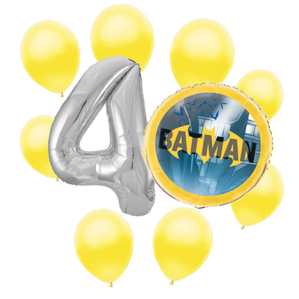Batman 4th birthday set main: number 4 foil, themed foil and 8 matching latex balloons