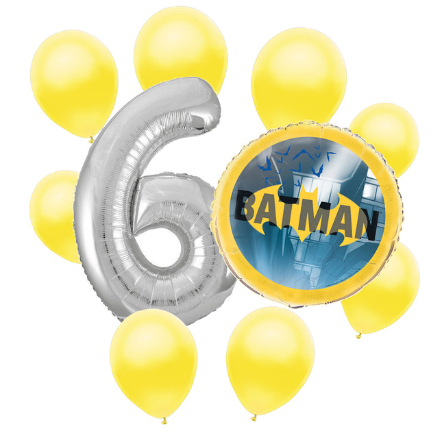 Batman 6th birthday set main: number 6 foil, themed foil and 8 matching latex balloons